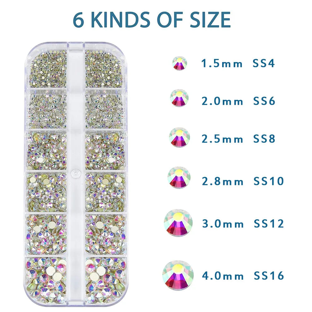 2400+ Shiny Clear Crystal Nail Rhinestones - Mixed Size Glass Flatback Gems Kit