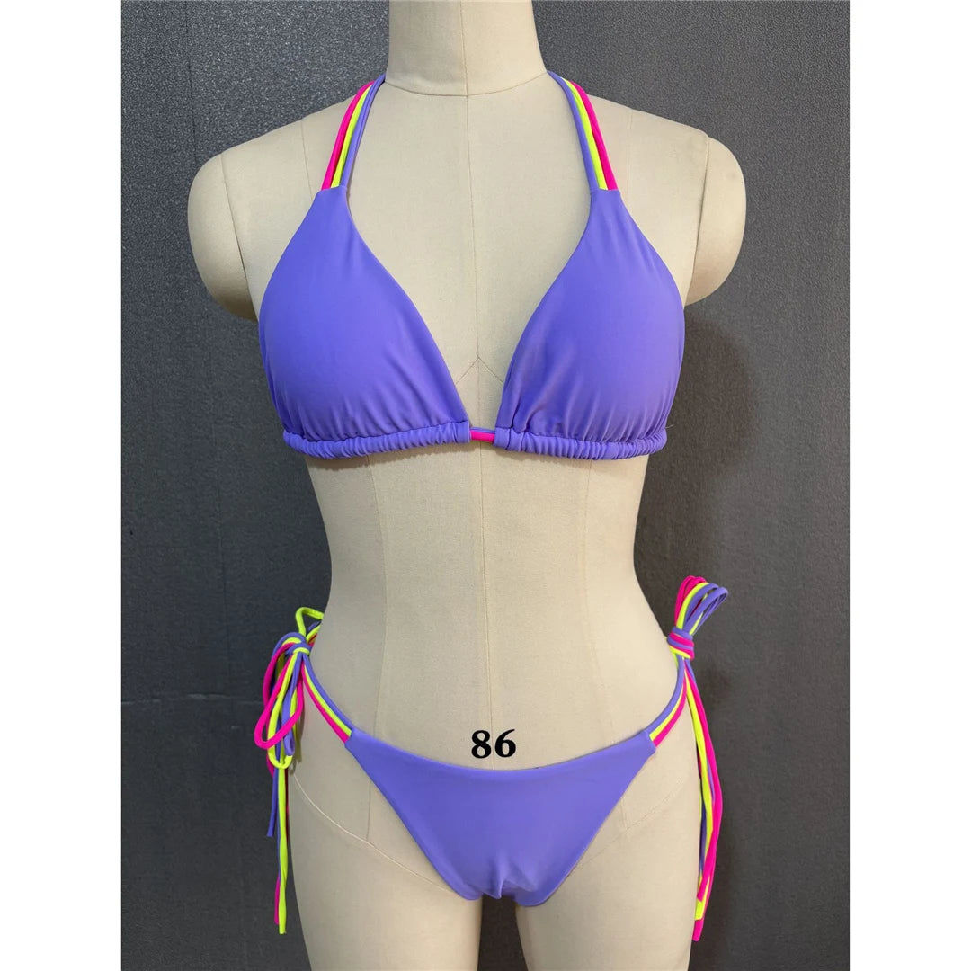 S - XL Colorful Strappy Halter Bikini Women Swimwear Two-Piece Set