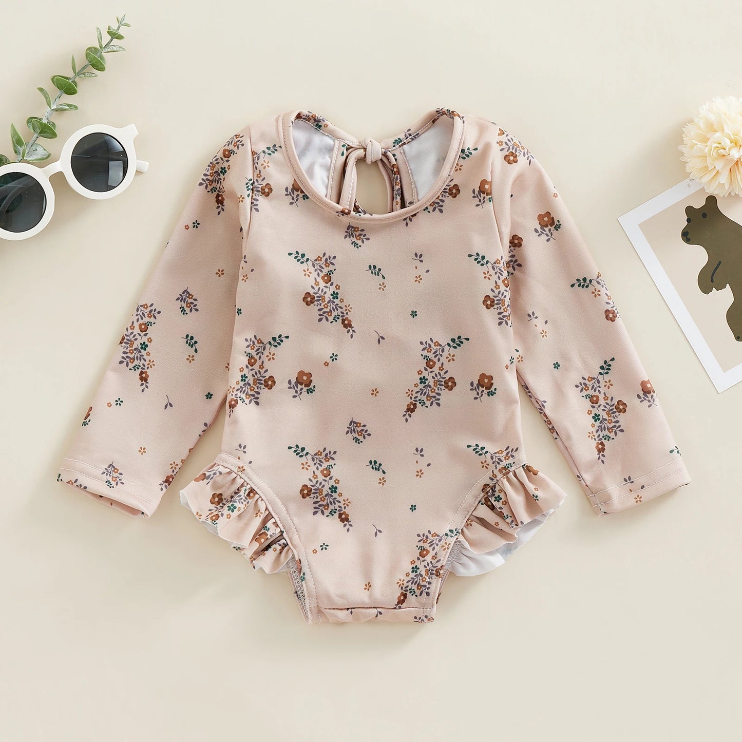 Baby Girl Floral Swimsuit - Backless Ruffled Long Sleeve Bodysuit (0-4 Years)