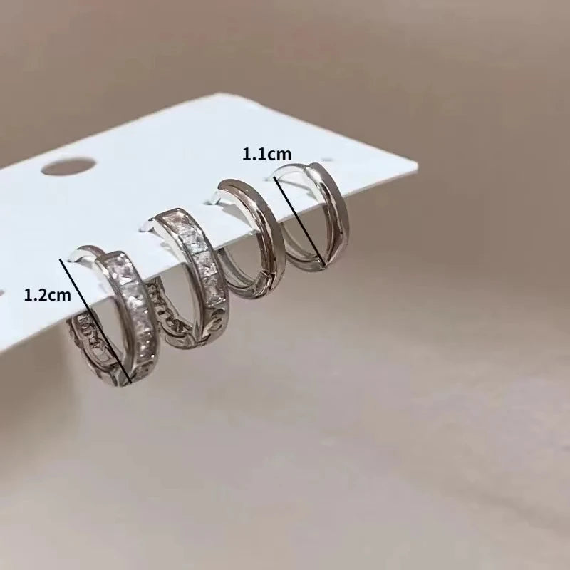 4Pcs/set Crystal Small Hoop Earrings For Women Silver Color New Y2K Cool Daily Wear Jewelry Girl's Gift