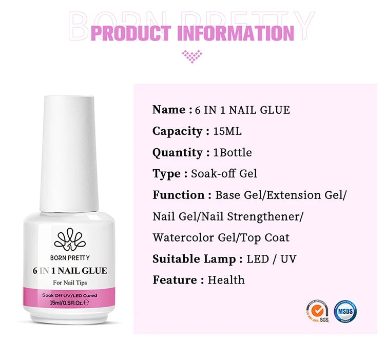 BORN PRETTY 6 in 1 Nail Glue Gel - Extra Strong Adhesive for Press On Nails & Extensions