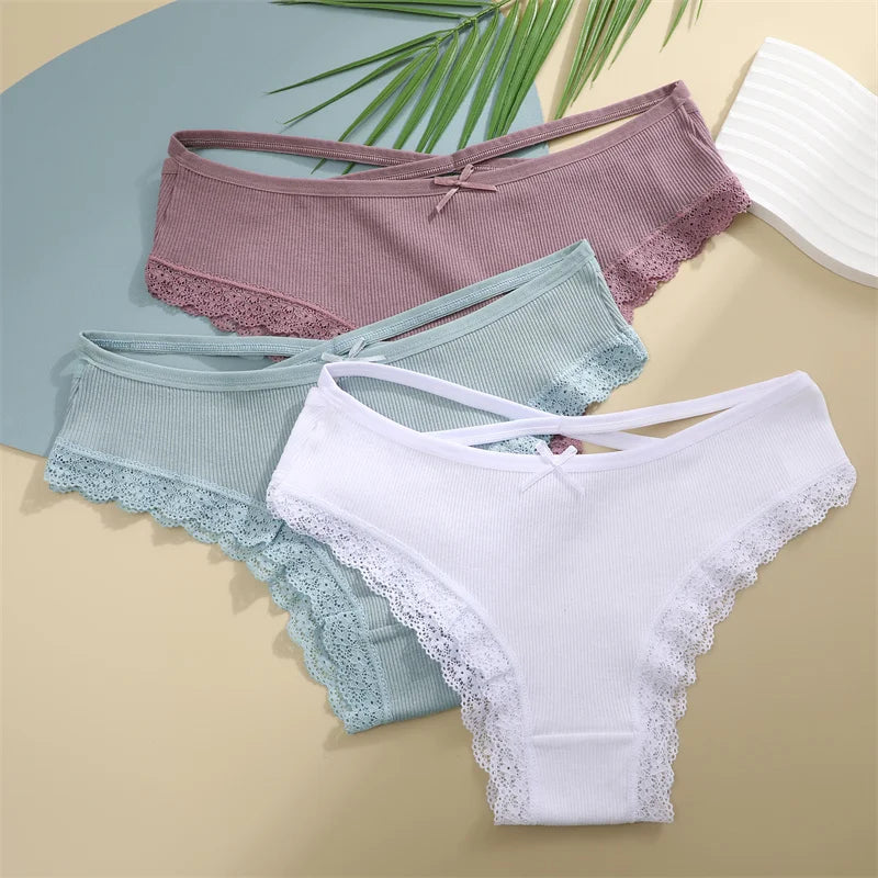 3PCS Women's Cotton Panties Set - Low Rise Lace Brazilian Bikini Underwear with Bow Detail (S-XL)