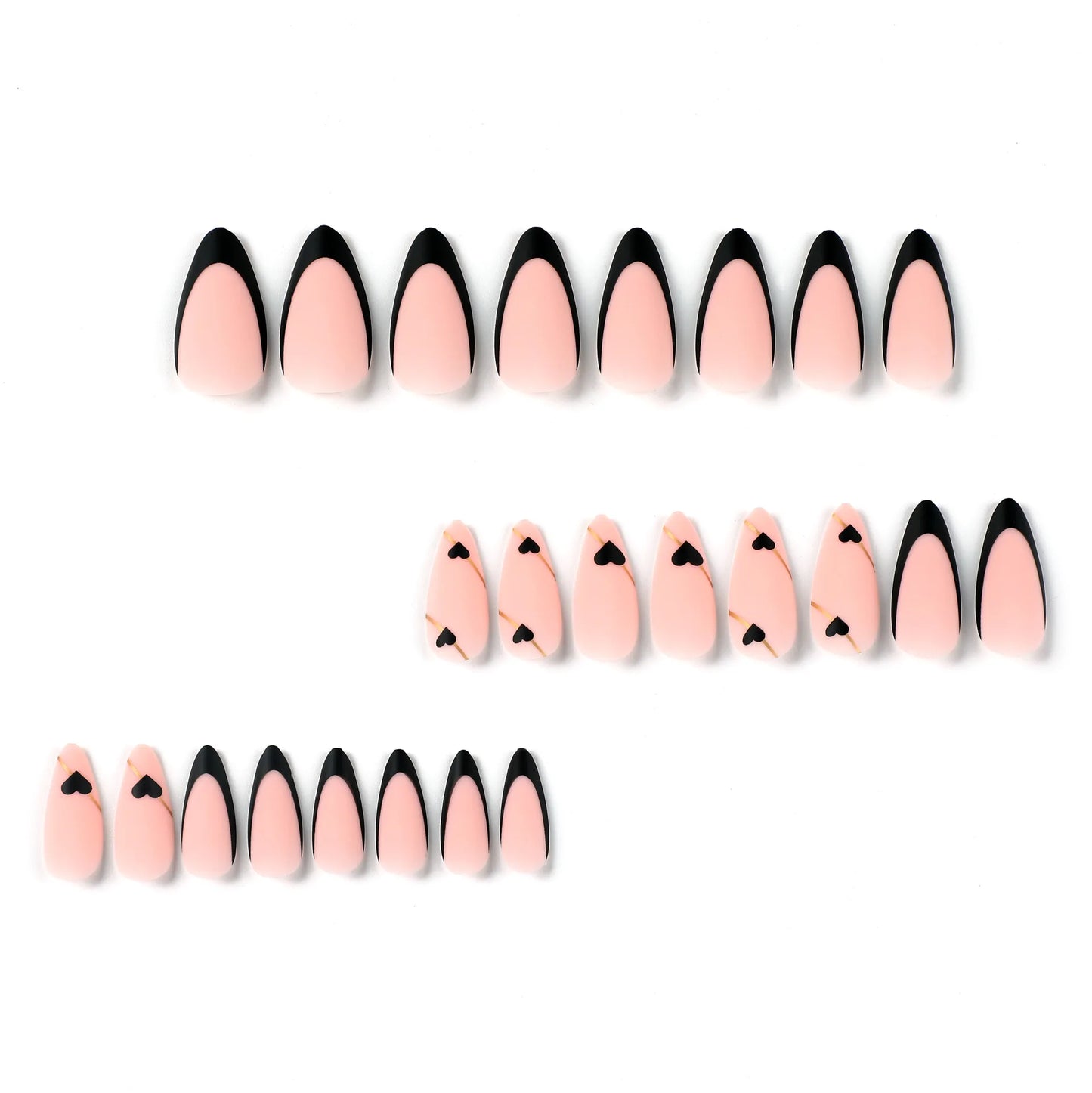 24 PCs Long French Heart Gold Thread Nails Set with Jelly Glue & Nail File - Complete Press-On Manicure Kit