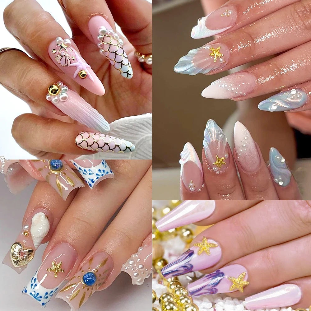 12-Grid Ocean Gold Nail Art Charms Set - Shell, Seahorse & Starfish with White Pearl Gems & Metal Studs