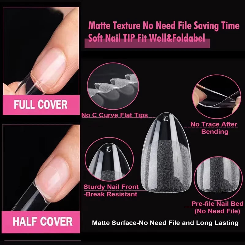 240Pcs Half Matte XXS Almond Nail Tips - Full Cover Soft Gel False Nails
