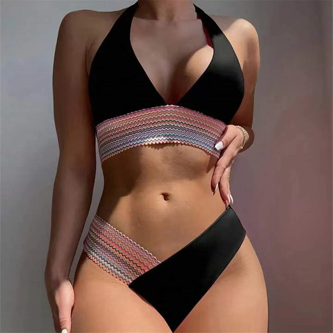 5-Color Splicing Halter V-Neck Bikini Set - Wire-Free Two-Piece Swimsuit (S-XL)