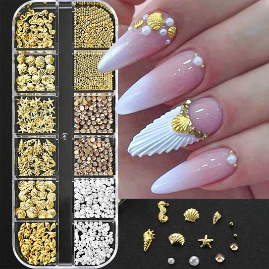 12-Grid Ocean Gold Nail Art Charms Set - Shell, Seahorse & Starfish with White Pearl Gems & Metal Studs