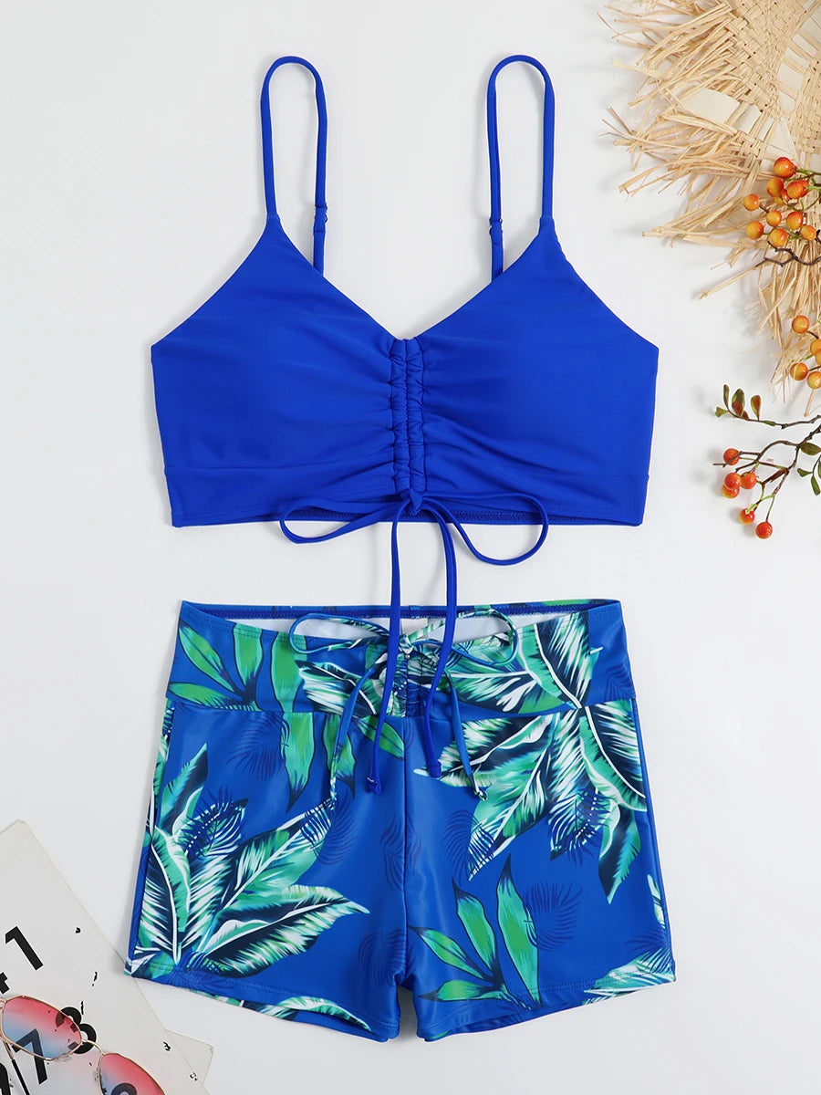 Drawstring Front Shorts Bikinis 2025 High Waist Swimsuit Women Swimwear Two-Piece Set
