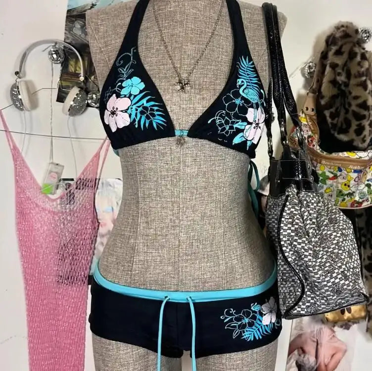 Sexy Floral Print Lace-Up Backless Bikini Set - High Waist Two-Piece Swimsuit (S-L)