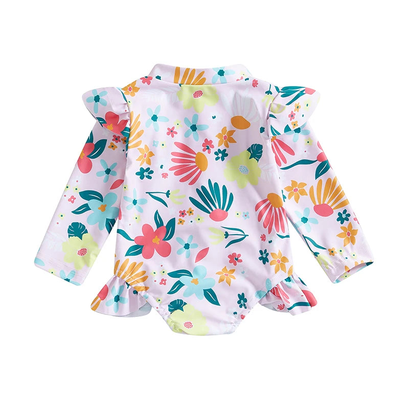 Baby Girl Floral Swimsuit - Backless Ruffled Long Sleeve Bodysuit (0-4 Years)
