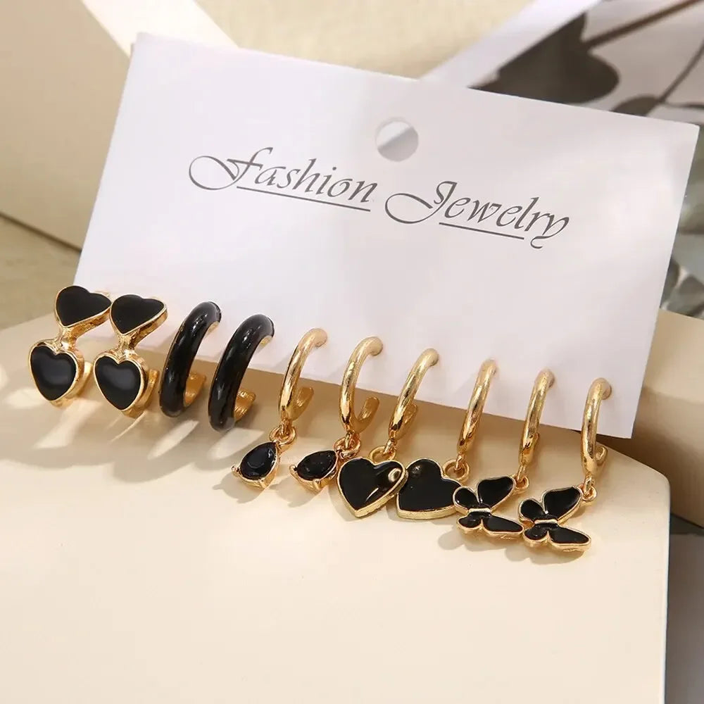 Simple 11 Pcs Black Heart Leaf Butterfly Earrings Set - Women's Fashion Vintage Hoop Earring Collection Holiday Wedding Jewelry Gift