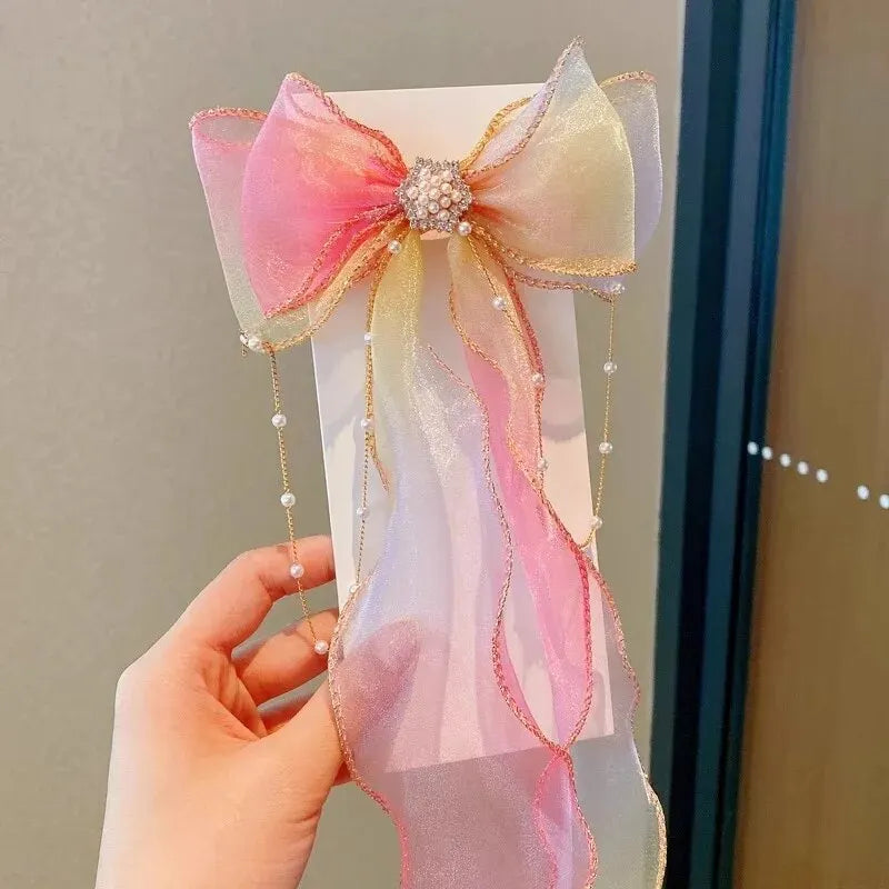 Elegant Mesh Gradient Bow Hair Clips with Tassels - Decorative Barrettes for Girls - Holiday Party Hair Accessories