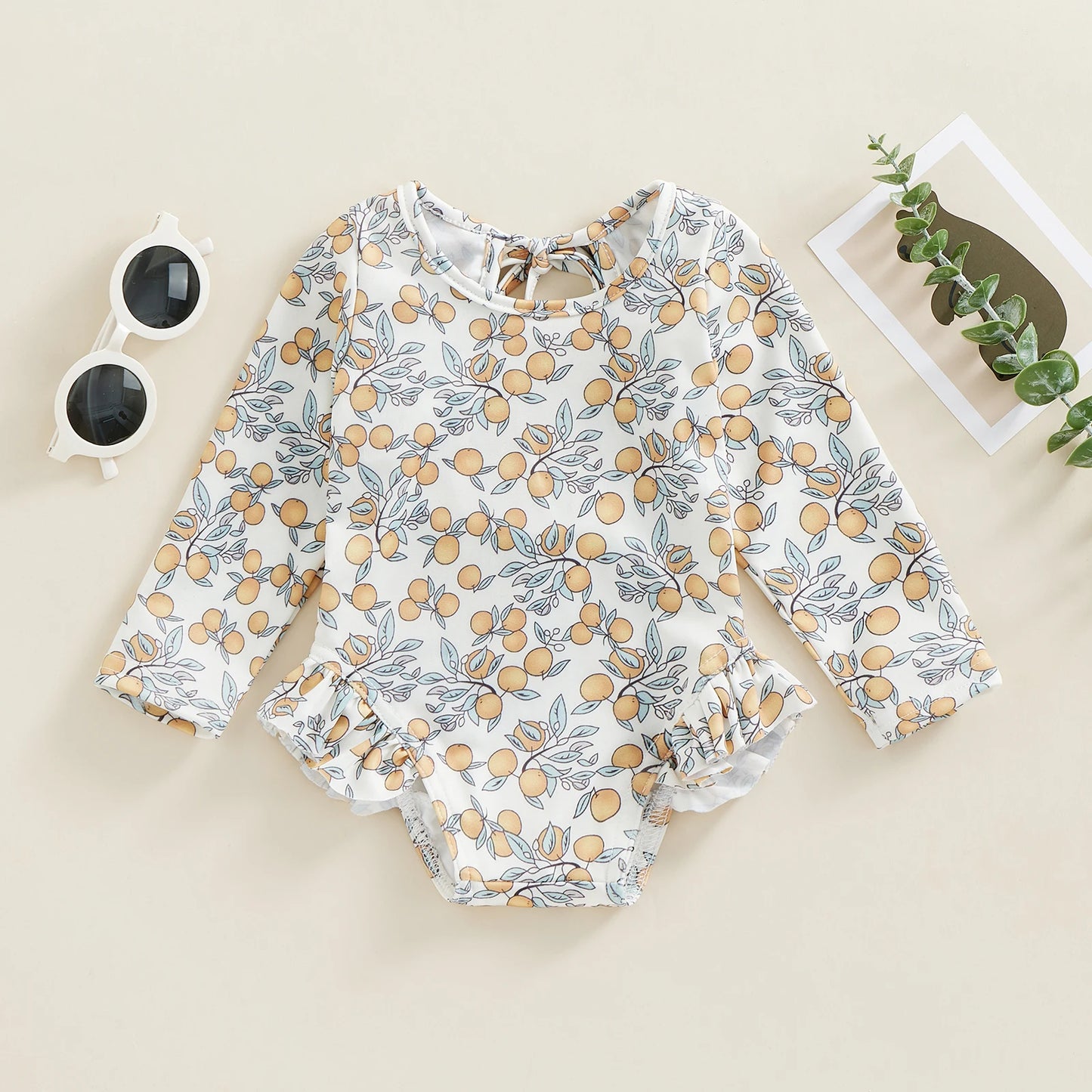 Baby Girl Floral Swimsuit - Backless Ruffled Long Sleeve Bodysuit (0-4 Years)