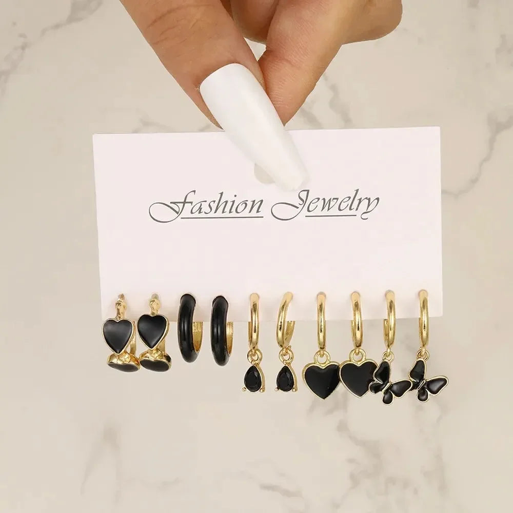 Simple 11 Pcs Black Heart Leaf Butterfly Earrings Set - Women's Fashion Vintage Hoop Earring Collection Holiday Wedding Jewelry Gift