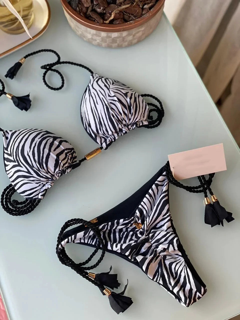 Women's Backless Triangle Bikini Set - Multicolor Rope Tie Swimsuit
