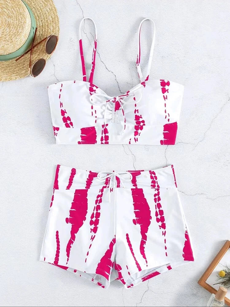 Drawstring Front Shorts Bikinis 2025 High Waist Swimsuit Women Swimwear Two-Piece Set