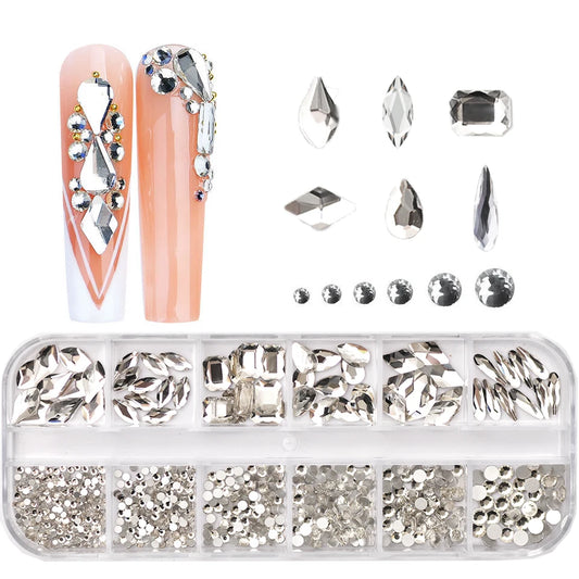 12-Grid Clear Crystal Nail Art Rhinestones Set - 780 Pieces Mixed Sizes 3D Glitter Gems for Professional Nail Decoration