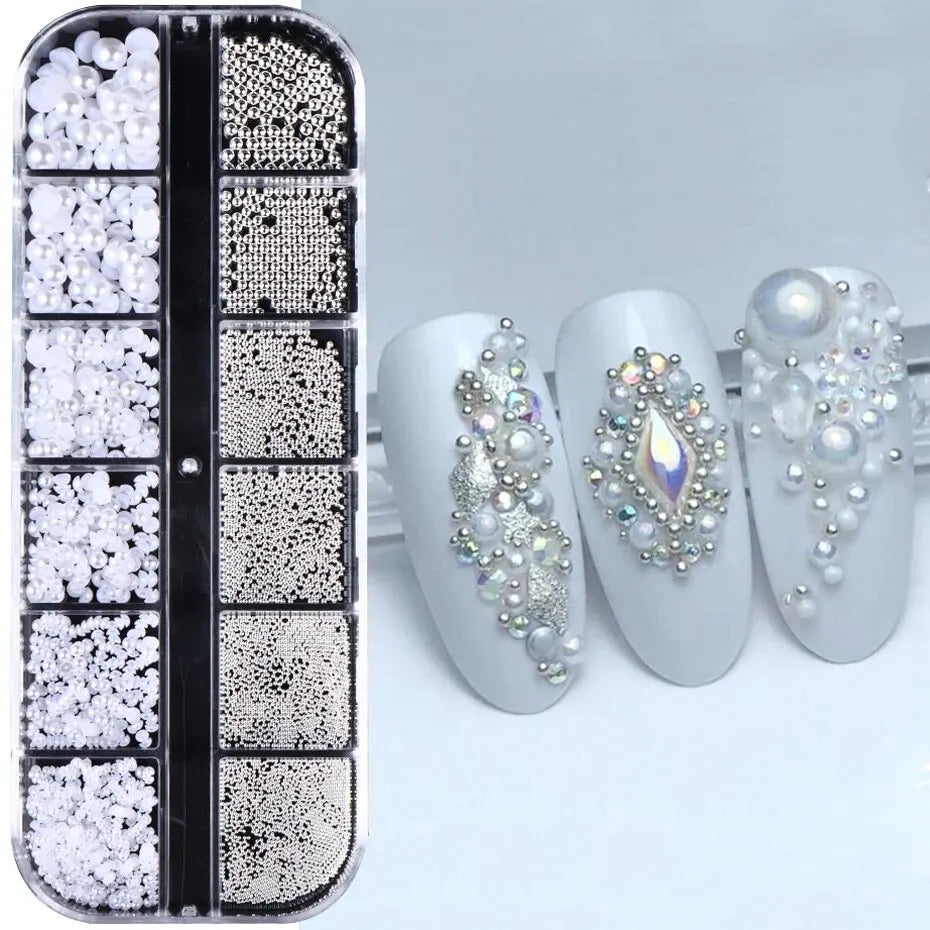12-Grid White Pearl Nail Charms Set - Caviar Beads & Half Pearls for DIY Manicure Art