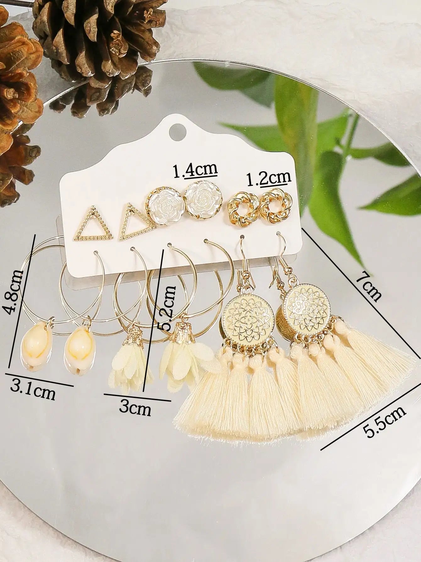 Trendy Golden Circle White Tassel Shell Earrings & Ear Studs Combination Set - Versatile Fresh Fashion Jewelry for Women