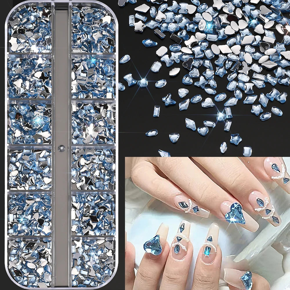 12-Grid Ocean Gold Nail Art Charms Set - Shell, Seahorse & Starfish with White Pearl Gems & Metal Studs