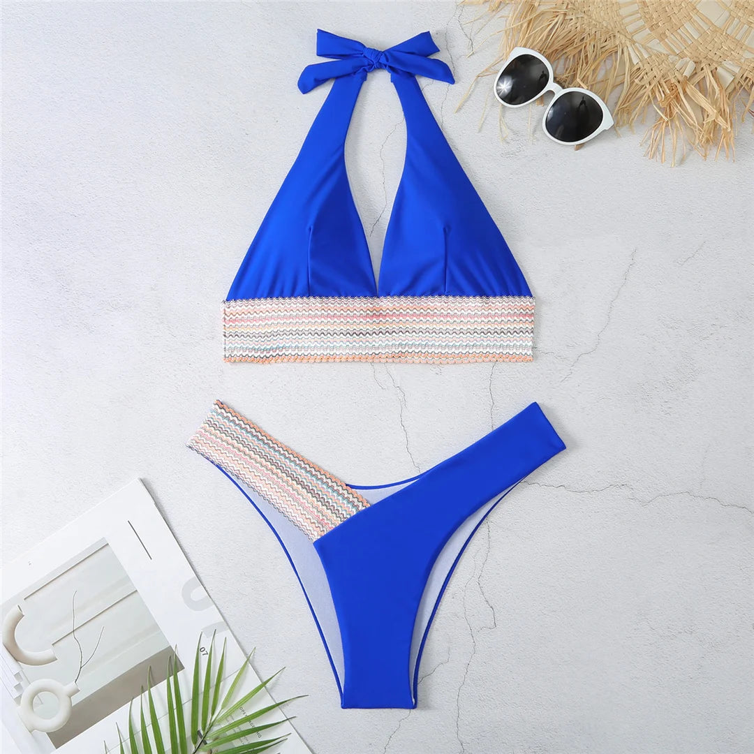 5-Color Splicing Halter V-Neck Bikini Set - Wire-Free Two-Piece Swimsuit (S-XL)