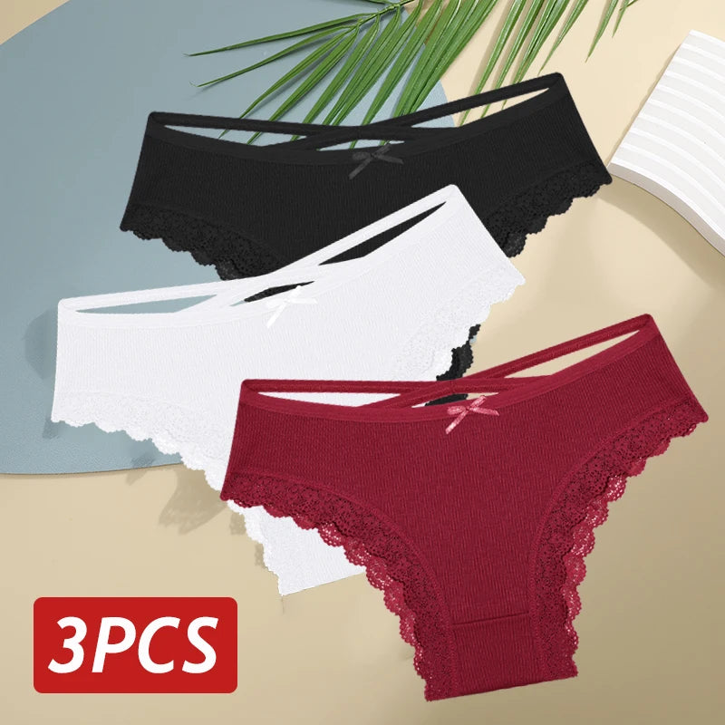 3PCS Women's Cotton Panties Set - Low Rise Lace Brazilian Bikini Underwear with Bow Detail (S-XL)