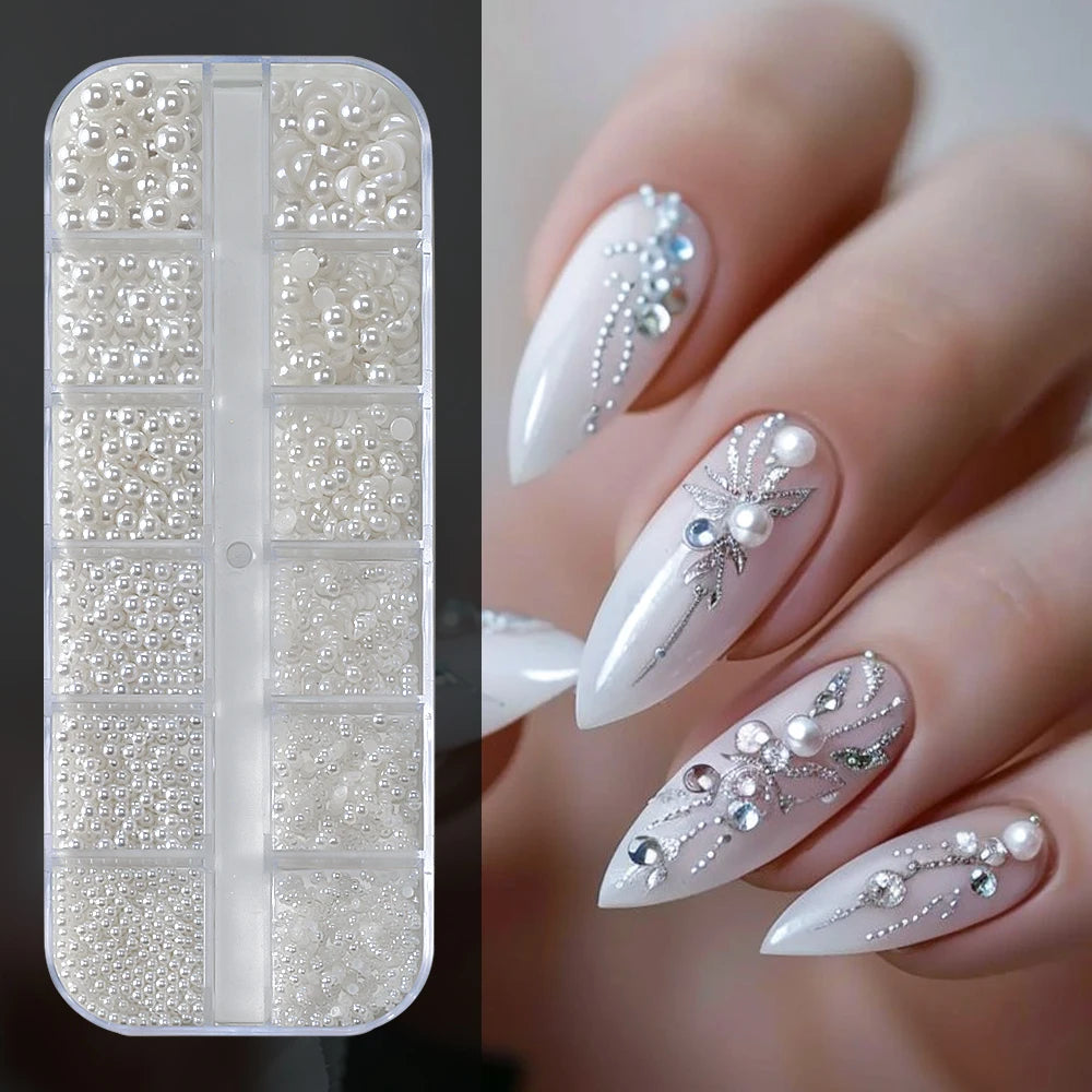 12-Grid Ocean Gold Nail Art Charms Set - Shell, Seahorse & Starfish with White Pearl Gems & Metal Studs