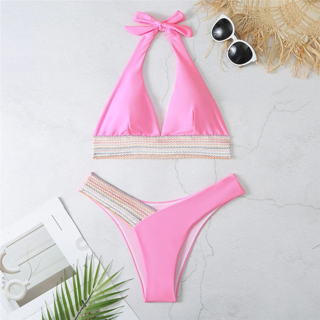 5-Color Splicing Halter V-Neck Bikini Set - Wire-Free Two-Piece Swimsuit (S-XL)