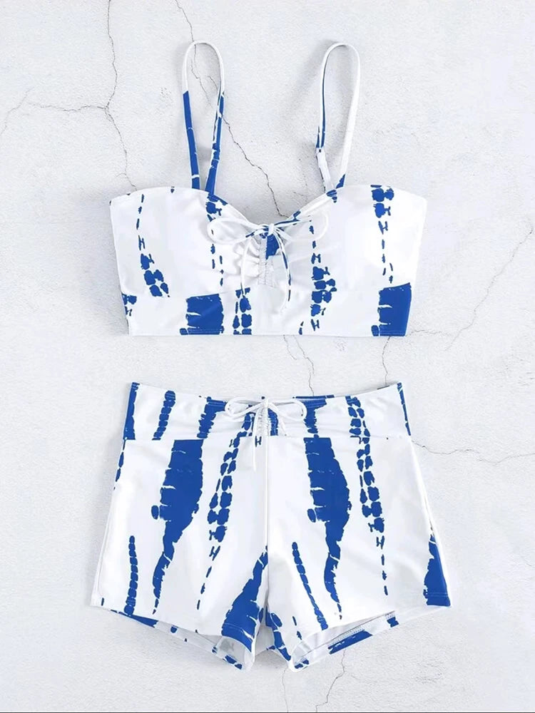 Drawstring Front Shorts Bikinis 2025 High Waist Swimsuit Women Swimwear Two-Piece Set