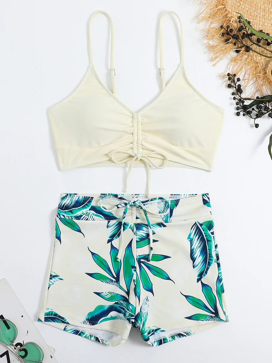 Drawstring Front Shorts Bikinis 2025 High Waist Swimsuit Women Swimwear Two-Piece Set