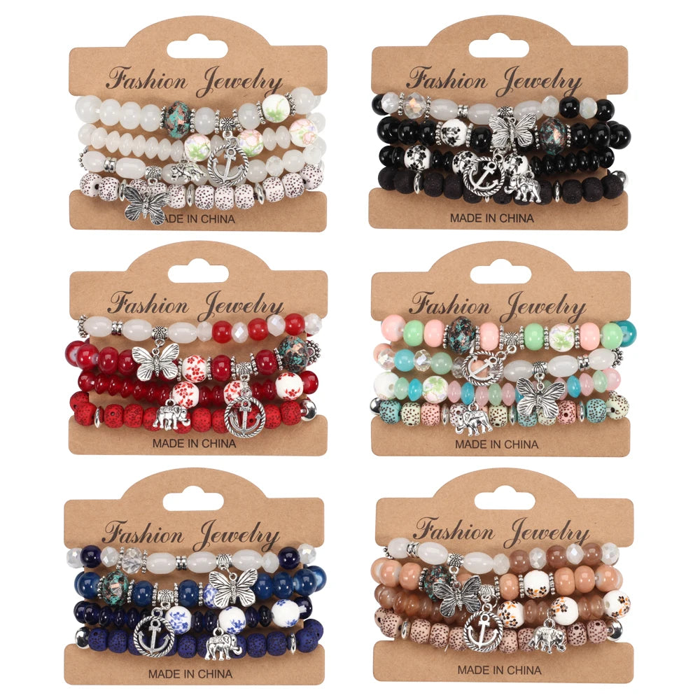 Bohemian Bracelets Set for Women - Stackable Butterfly Elephant Anchor Pendant Beads Bracelet Collection
