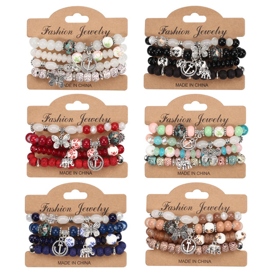 Bohemian Bracelets Set for Women - Stackable Butterfly Elephant Anchor Pendant Beads Bracelet Collection
