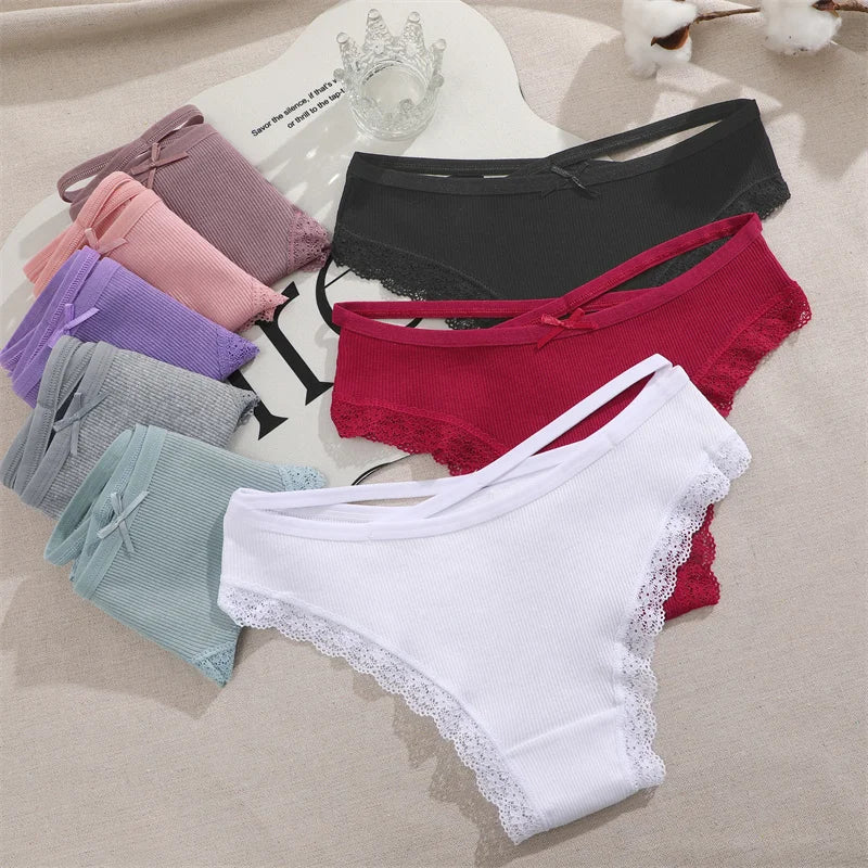 3PCS Women's Cotton Panties Set - Low Rise Lace Brazilian Bikini Underwear with Bow Detail (S-XL)