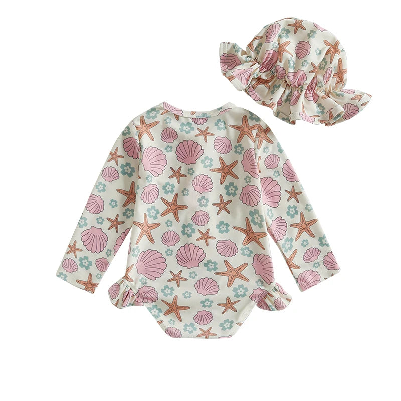 Baby Girl Floral Swimsuit - Backless Ruffled Long Sleeve Bodysuit (0-4 Years)