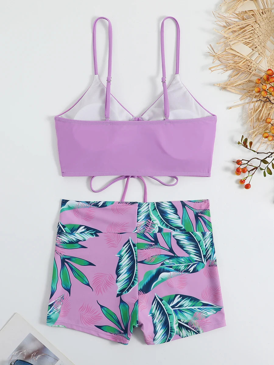 Drawstring Front Shorts Bikinis 2025 High Waist Swimsuit Women Swimwear Two-Piece Set
