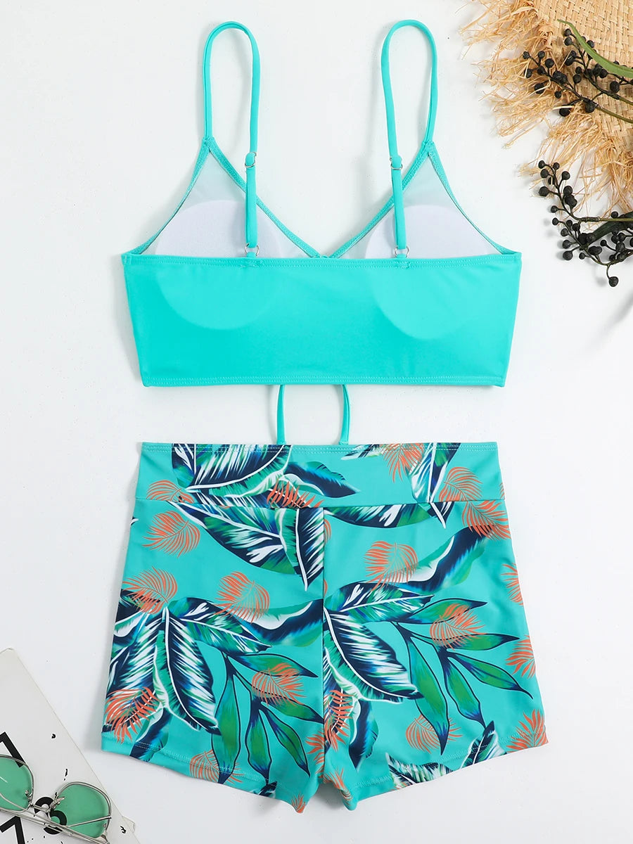 Drawstring Front Shorts Bikinis 2025 High Waist Swimsuit Women Swimwear Two-Piece Set