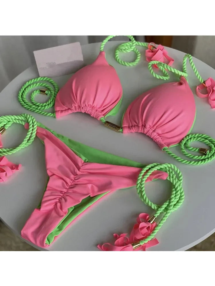 Women's Backless Triangle Bikini Set - Multicolor Rope Tie Swimsuit