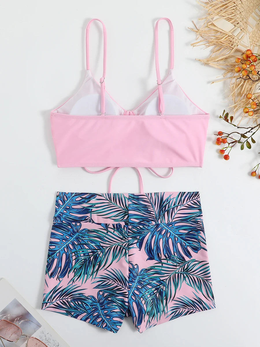 Drawstring Front Shorts Bikinis 2025 High Waist Swimsuit Women Swimwear Two-Piece Set