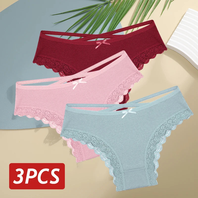 3PCS Women's Cotton Panties Set - Low Rise Lace Brazilian Bikini Underwear with Bow Detail (S-XL)