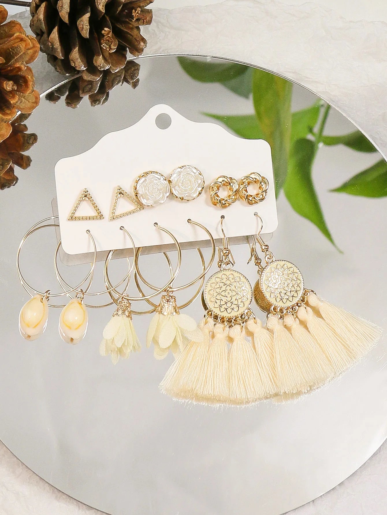 Trendy Golden Circle White Tassel Shell Earrings & Ear Studs Combination Set - Versatile Fresh Fashion Jewelry for Women