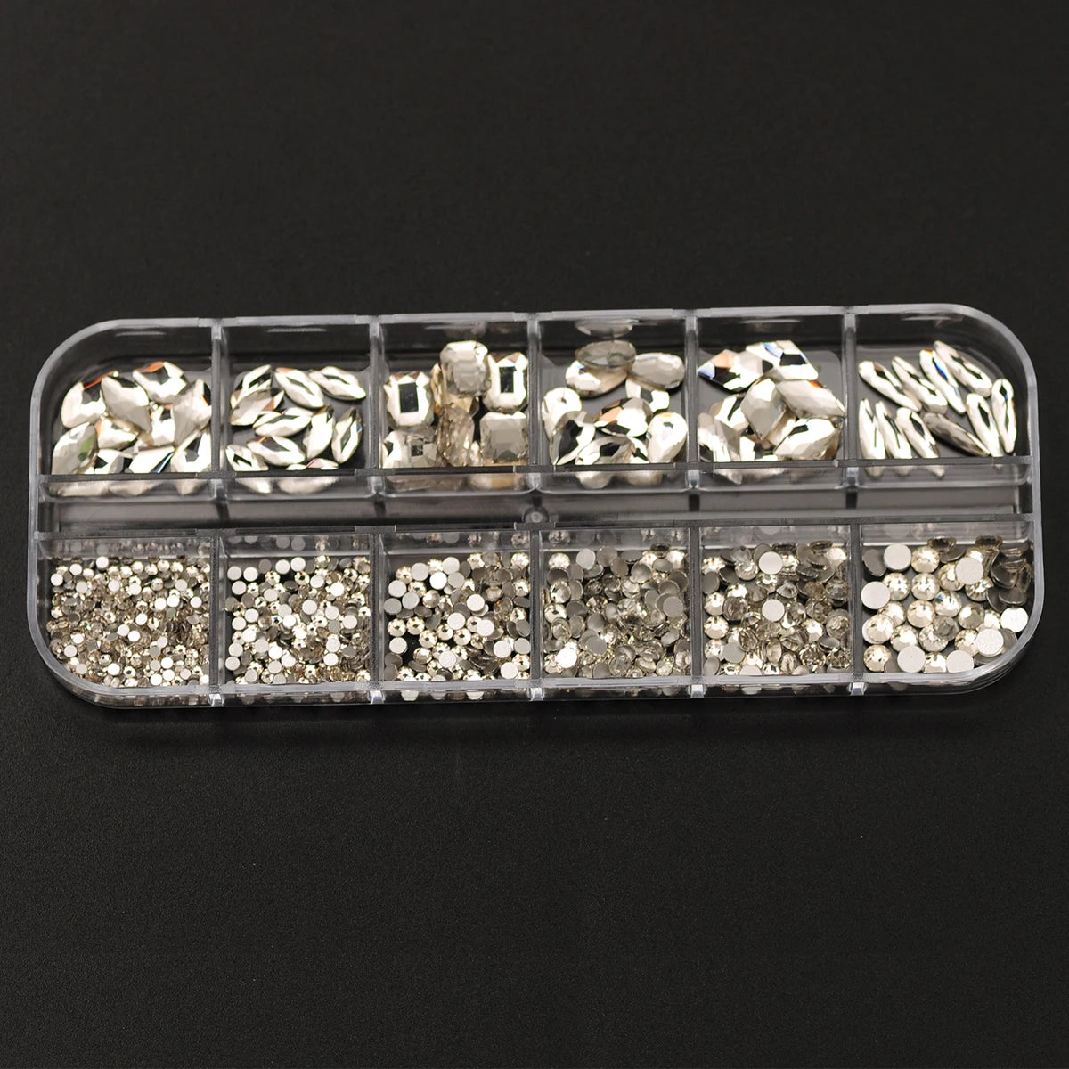 12-Grid Clear Crystal Nail Art Rhinestones Set - 780 Pieces Mixed Sizes 3D Glitter Gems for Professional Nail Decoration