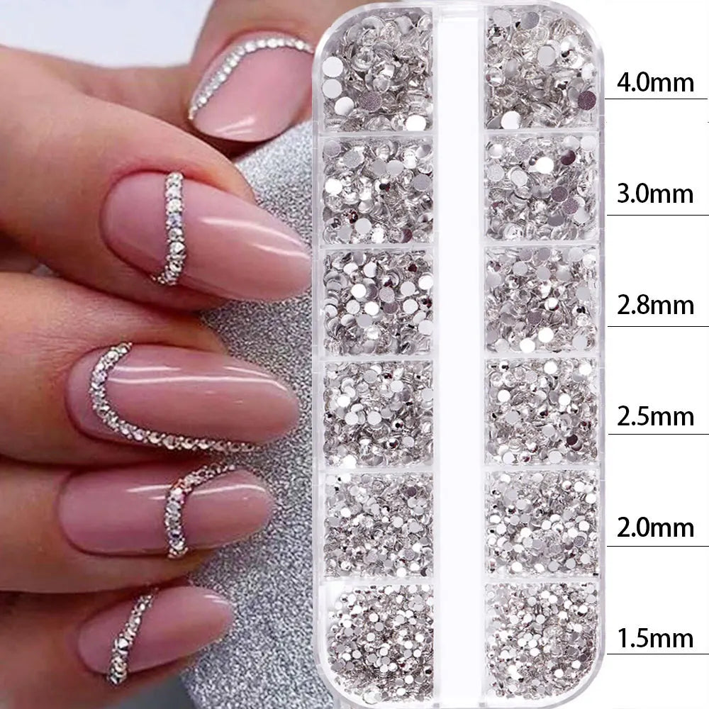 2400+ Shiny Clear Crystal Nail Rhinestones - Mixed Size Glass Flatback Gems Kit