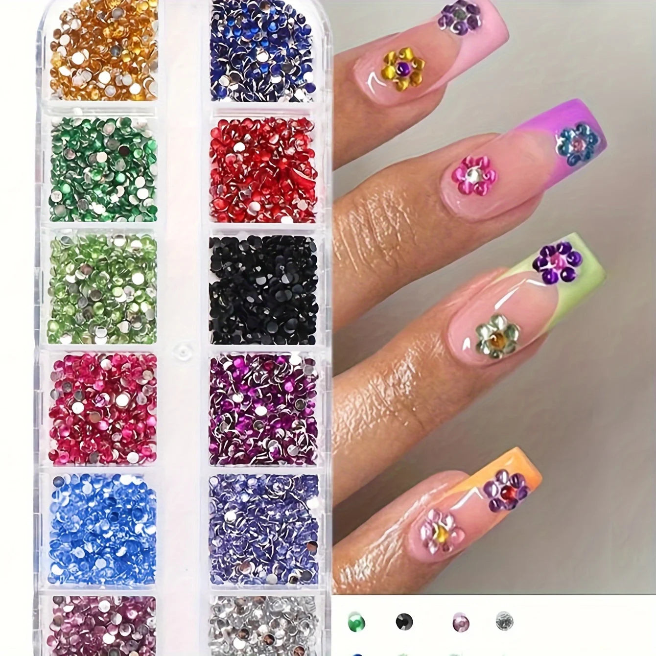 12-Grid Shimmering Crystal Nail Art Rhinestones - Multi-Use Flatback Gemstones for Nails, Shoes & Accessories