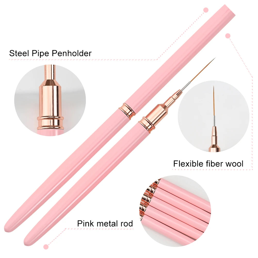 5Pcs Pink French Nail Art Liner Painting Brush Set - Ultra-thin 7/10/12/15/20m Elongated Lines Drawing Pen DIY Manicure