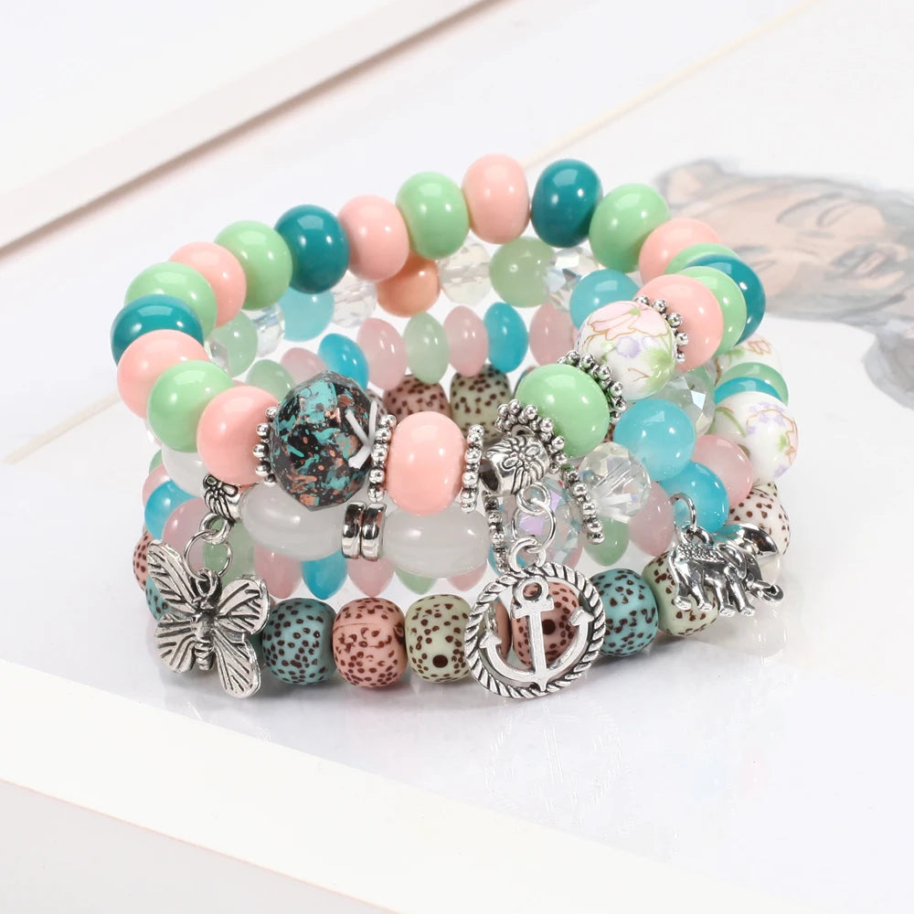 Bohemian Bracelets Set for Women - Stackable Butterfly Elephant Anchor Pendant Beads Bracelet Collection