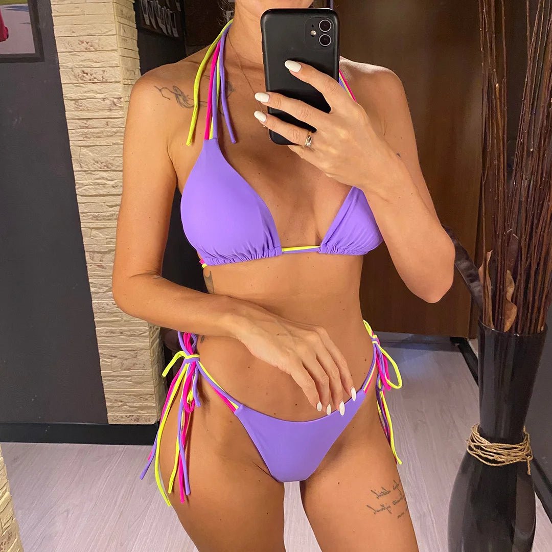 S - XL Colorful Strappy Halter Bikini Women Swimwear Two-Piece Set