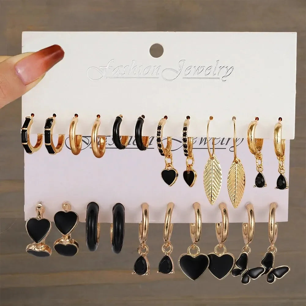 Simple 11 Pcs Black Heart Leaf Butterfly Earrings Set - Women's Fashion Vintage Hoop Earring Collection Holiday Wedding Jewelry Gift