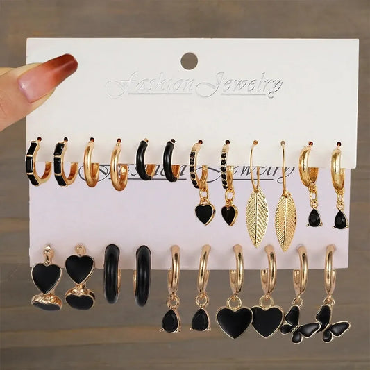 Simple 11 Pcs Black Heart Leaf Butterfly Earrings Set - Women's Fashion Vintage Hoop Earring Collection Holiday Wedding Jewelry Gift