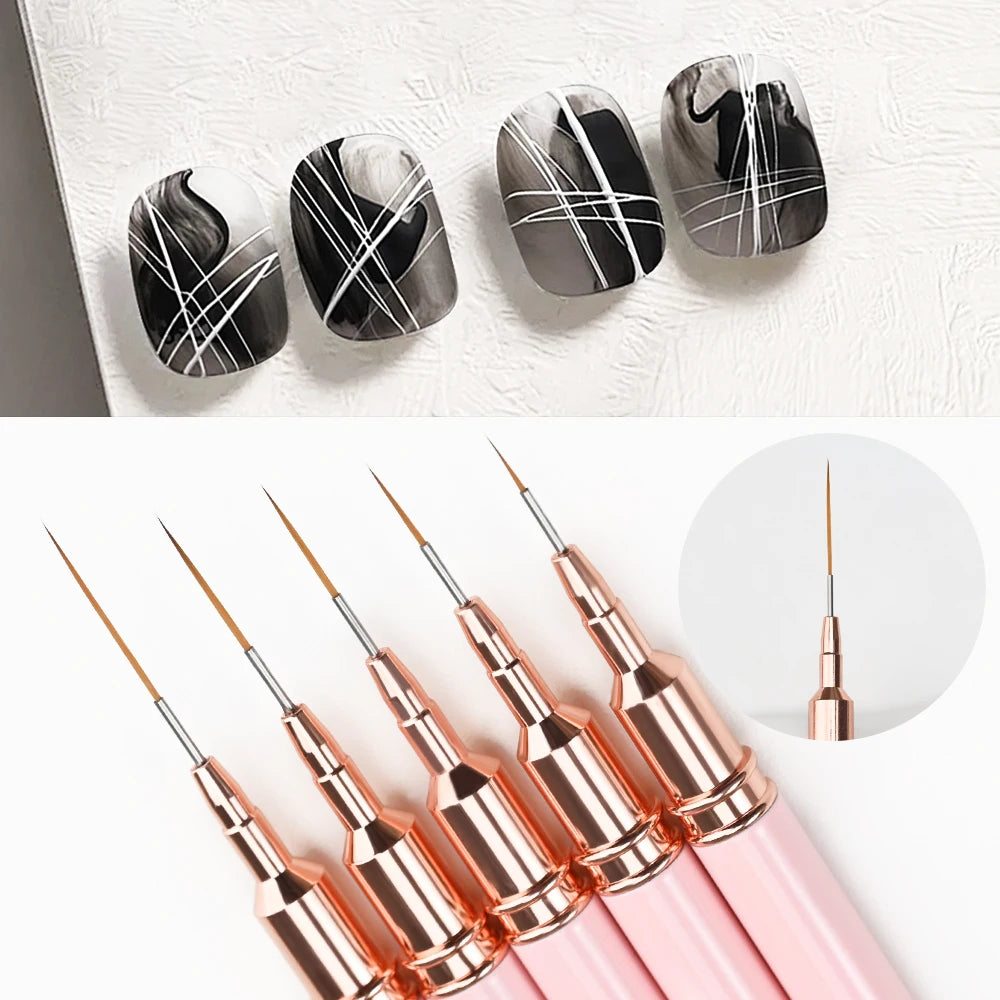 5Pcs Pink French Nail Art Liner Painting Brush Set - Ultra-thin 7/10/12/15/20m Elongated Lines Drawing Pen DIY Manicure