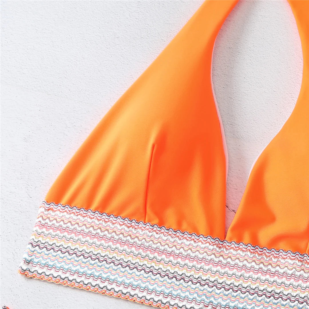 5-Color Splicing Halter V-Neck Bikini Set - Wire-Free Two-Piece Swimsuit (S-XL)